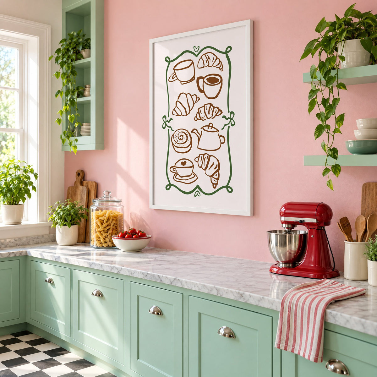 Coffee and croissant doodles green frame print in a white frame on a pink wall above mint green cabinets in a retro kitchen, seen at an angle