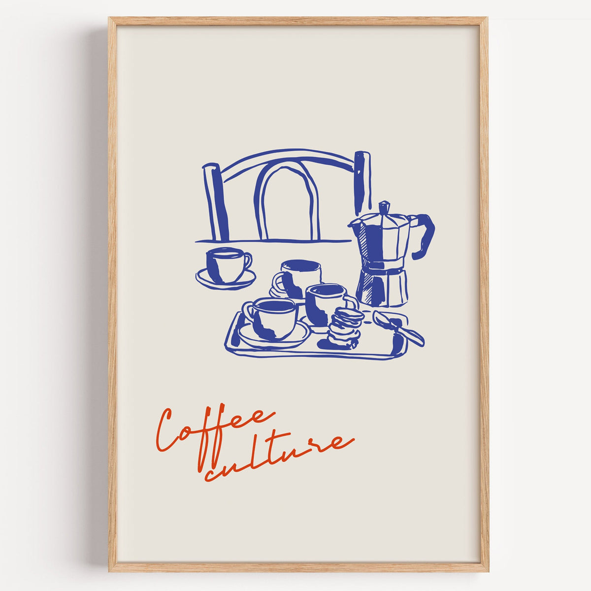 Coffee Culture moka pot poster in an oak frame on a plain white wall