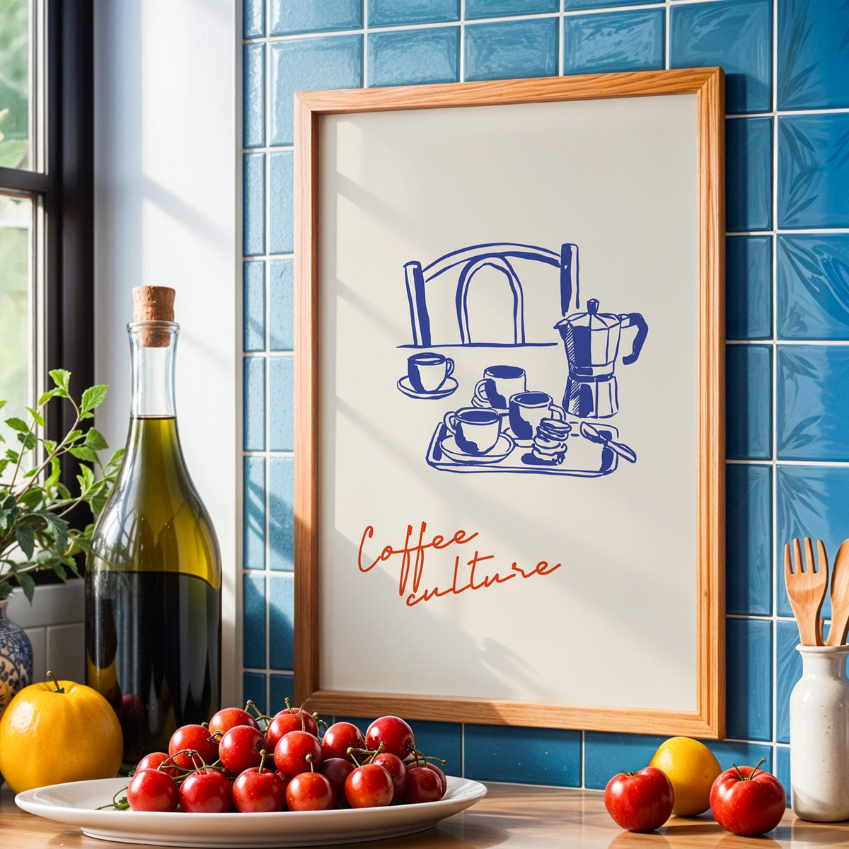 Coffee poster in an oak frame against a blue tile backsplash with olive oil and a plate of cherries