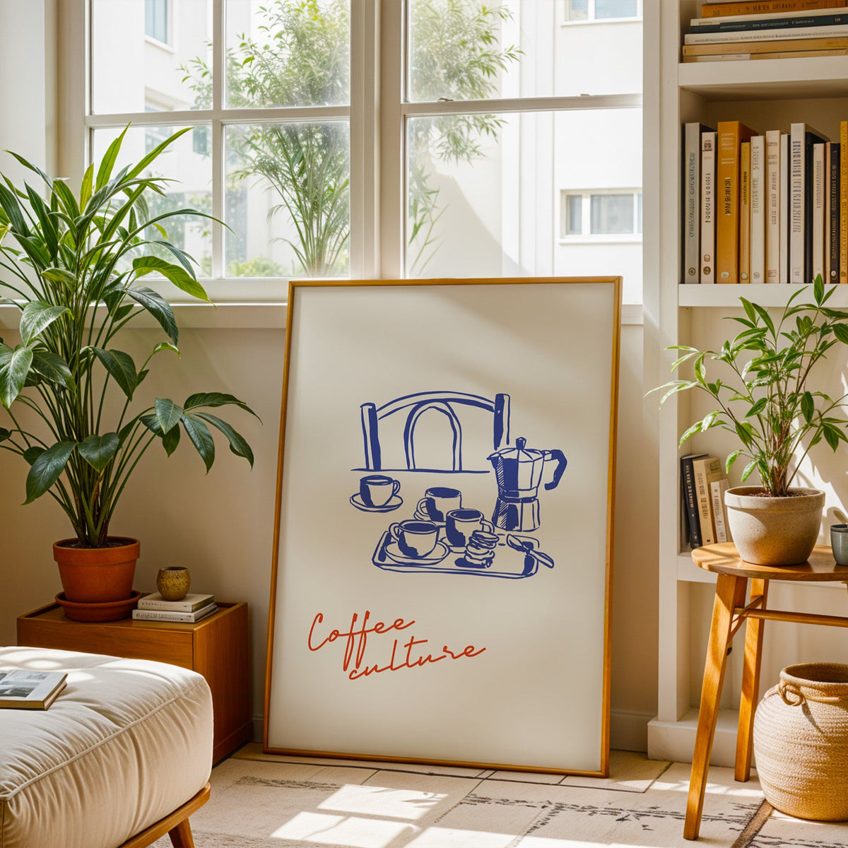 Coffee Culture poster in a slim brass frame on a berber rug in a plant-filled living room