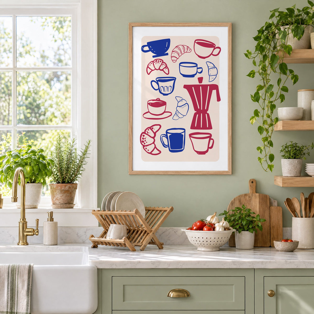 Moka pot, cups and croissants pattern in an oak frame on a sage green kitchen wall beside a farmhouse sink and herbs