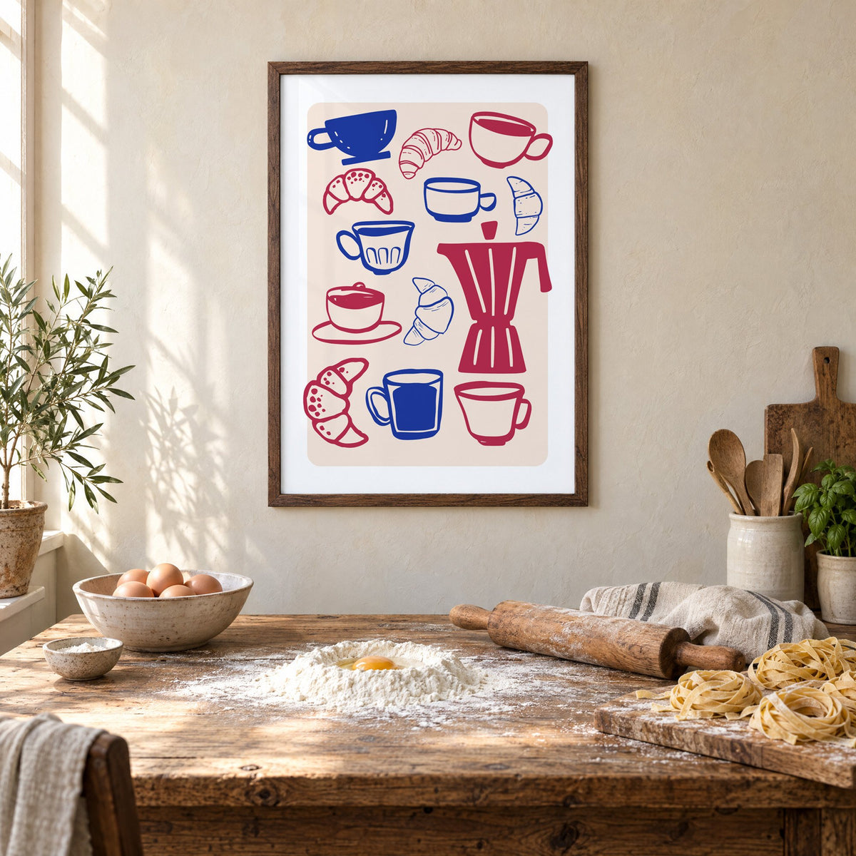 Moka pot, cups and croissants pattern in a walnut frame above a rustic table set for making fresh pasta