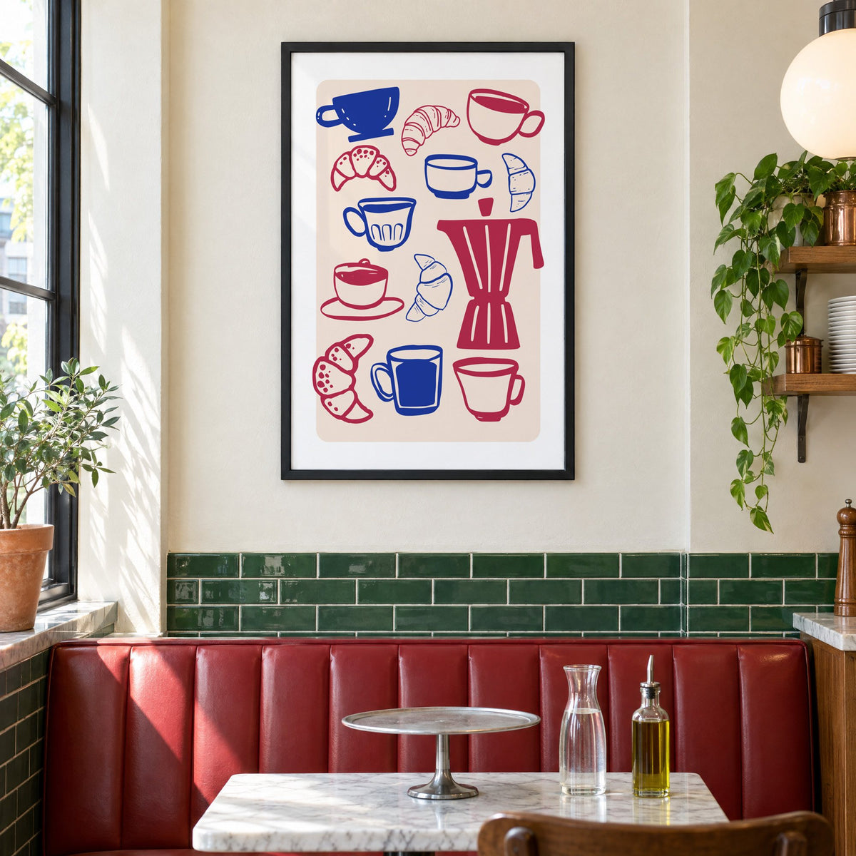 Moka pot, cups and croissants pattern in a black frame above a red leather booth in a sunny pizzeria