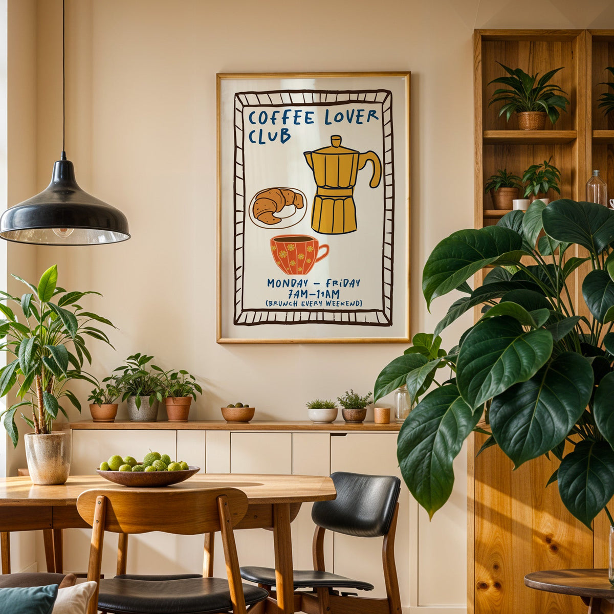 Coffee lover club moka pot print in an oak frame above a sideboard in a plant-filled dining room