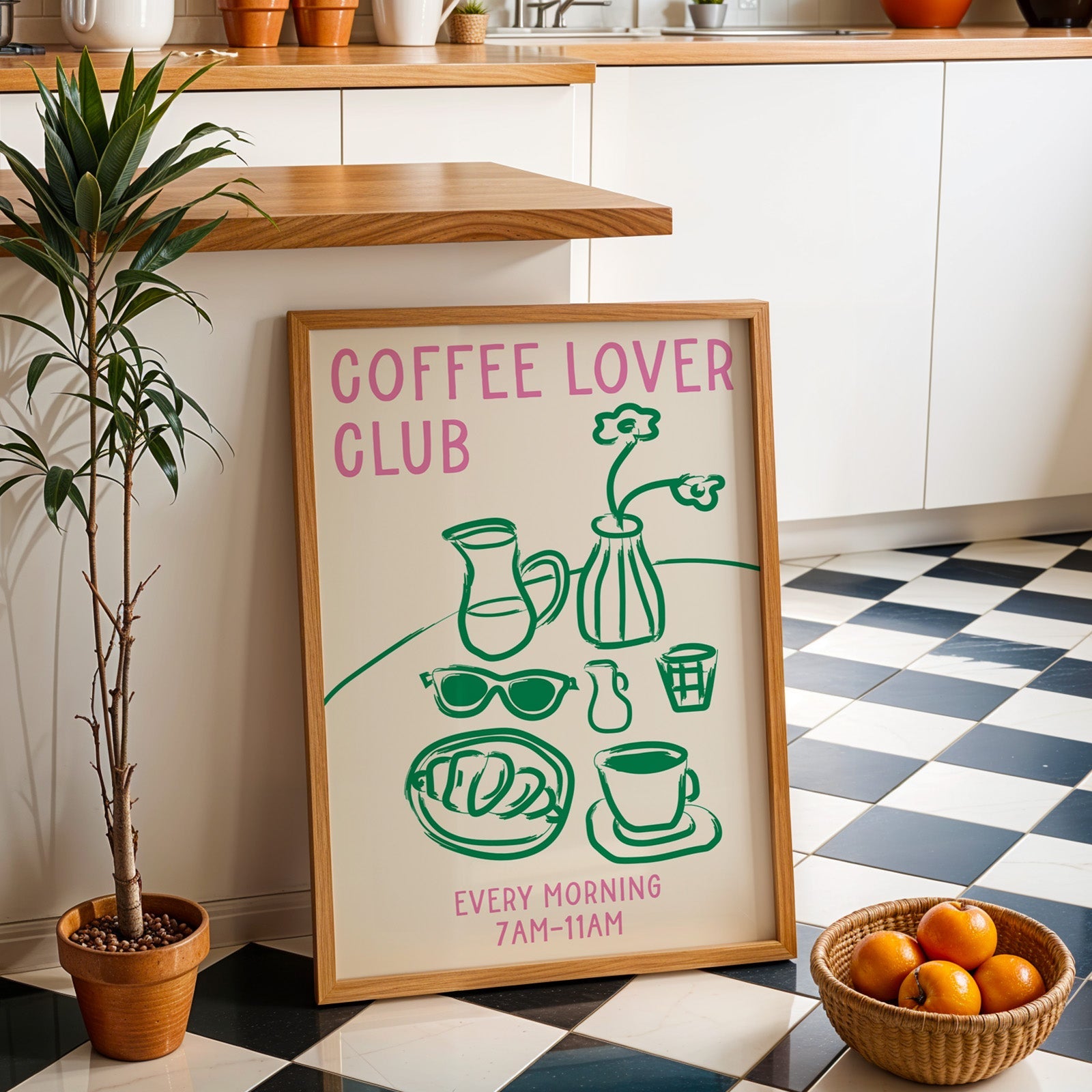 Coffee lover club morning print in an oak frame by a kitchen island and checkered floor