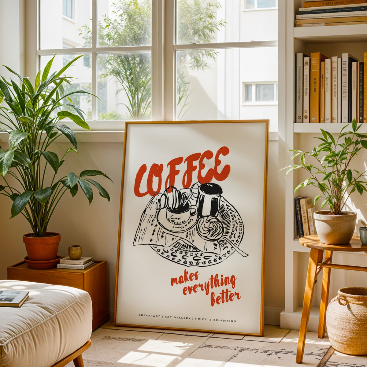 Coffee Makes Everything Better print in a brass frame resting on a berber rug