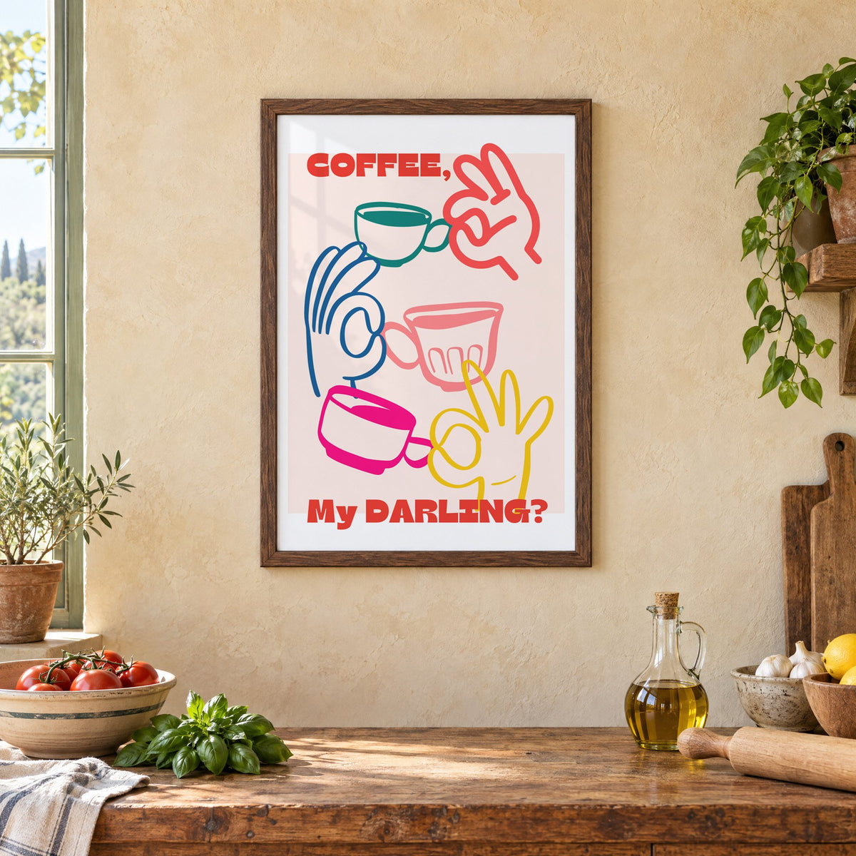 Coffee My Darling colorful hands print in a walnut frame above a rustic Italian kitchen table with tomatoes