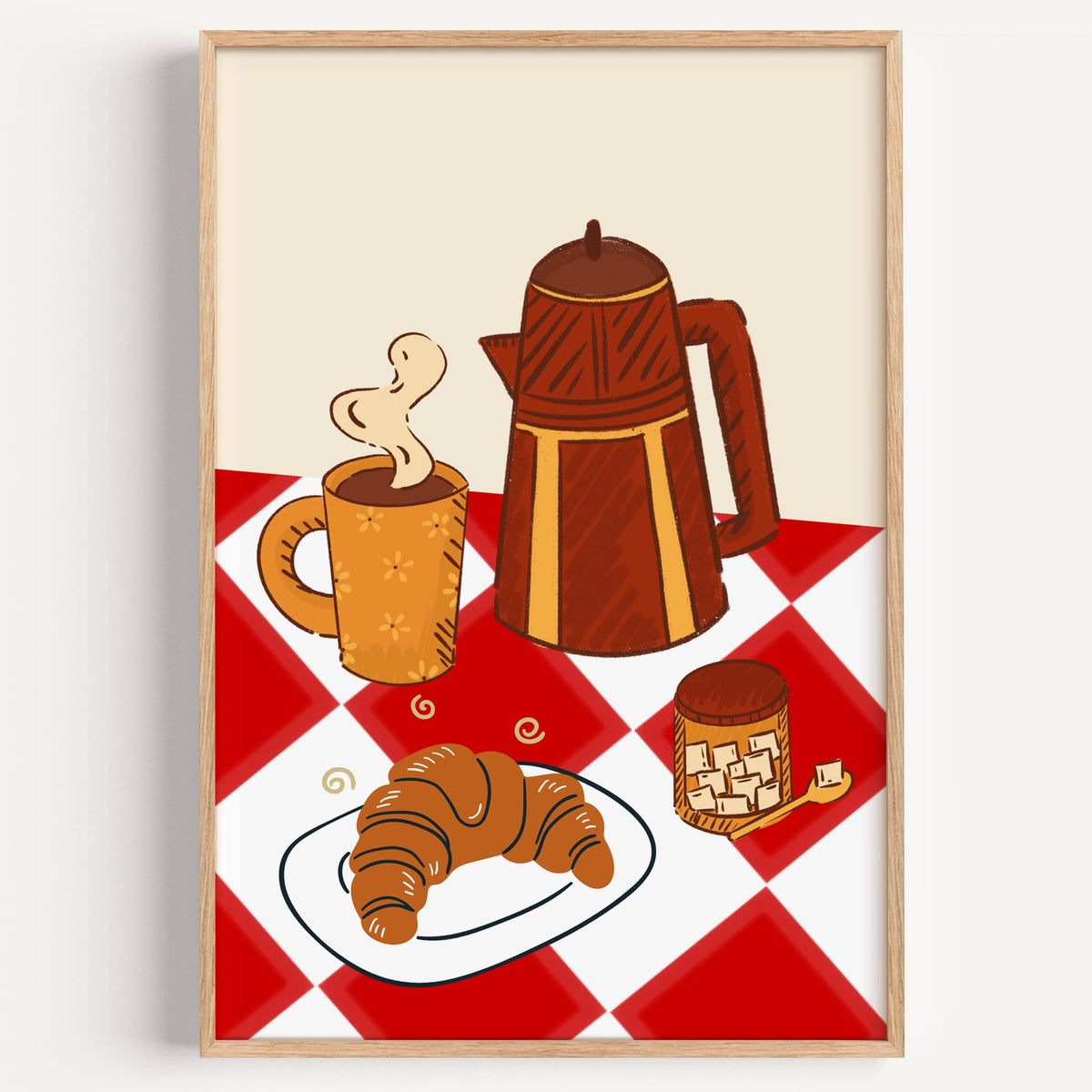 Coffee pot croissant red gingham print in a light oak frame on a plain white wall