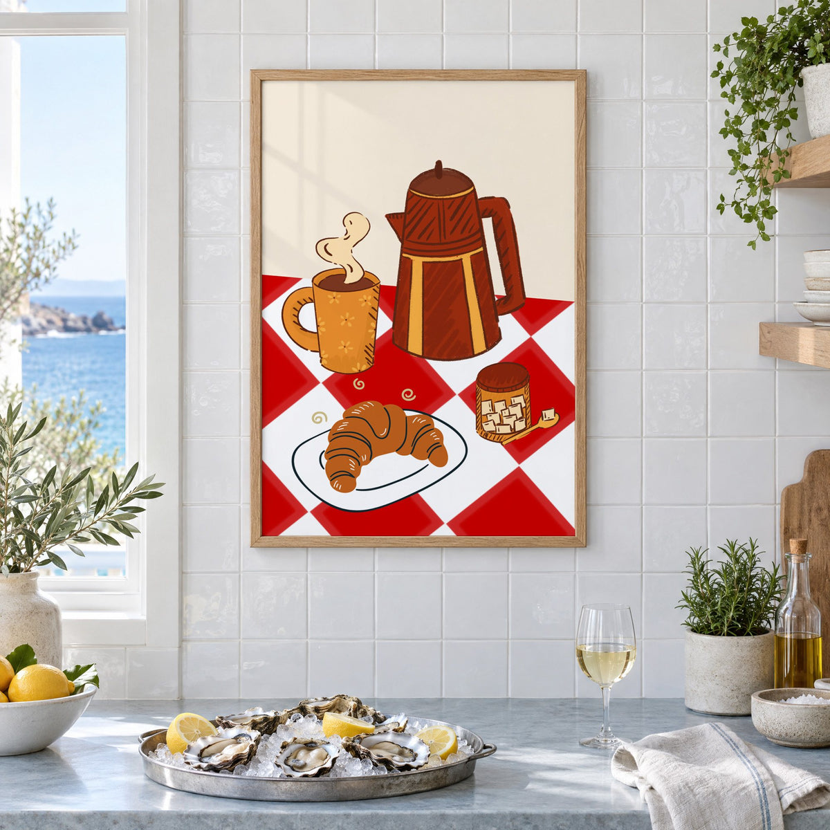 Coffee pot croissant red gingham print in an oak frame on white tiles above a marble counter with oysters and lemons by a sea view