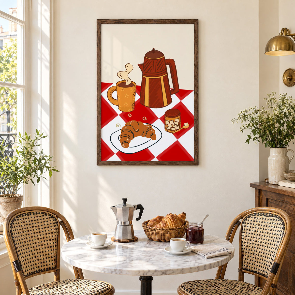 Coffee pot croissant red gingham print in a walnut frame above a marble bistro table with croissants and rattan chairs