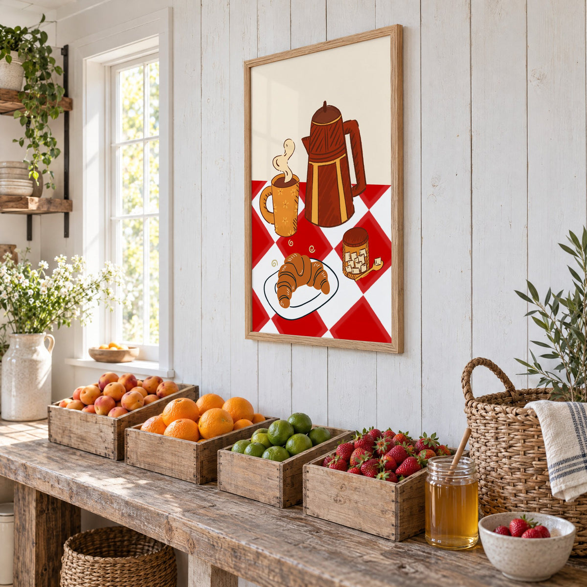 Coffee pot croissant red gingham print in an oak frame on white plank walls above wooden crates of fresh fruit, seen at an angle