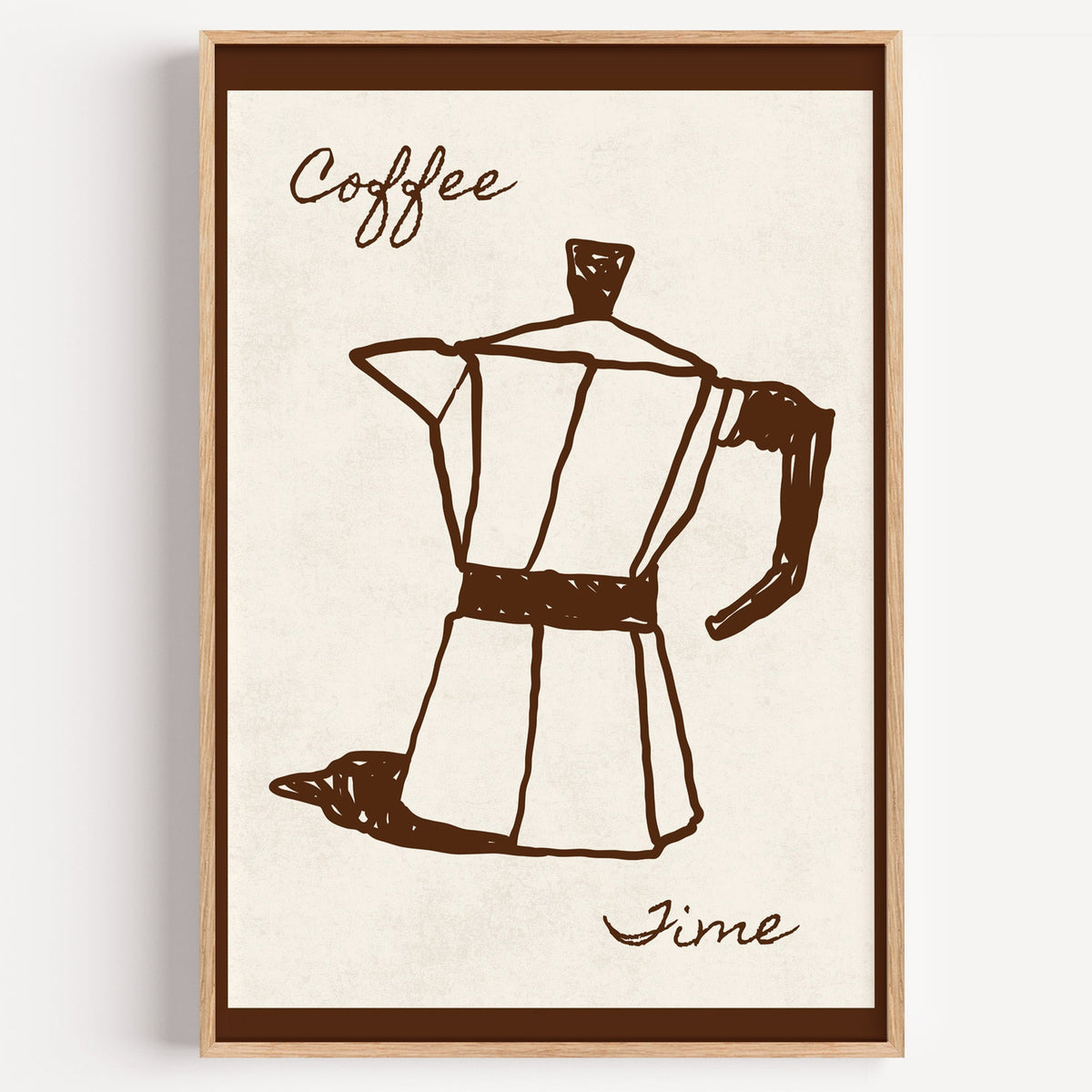Coffee Time moka pot print in a light oak frame on a plain white wall