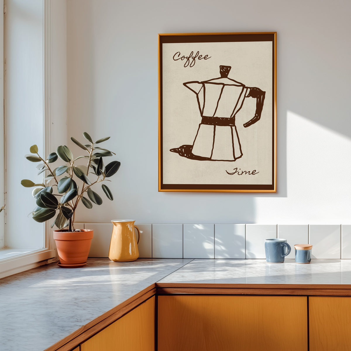 Coffee Time moka pot print shown in a gold frame above a marble counter in a tan kitchen