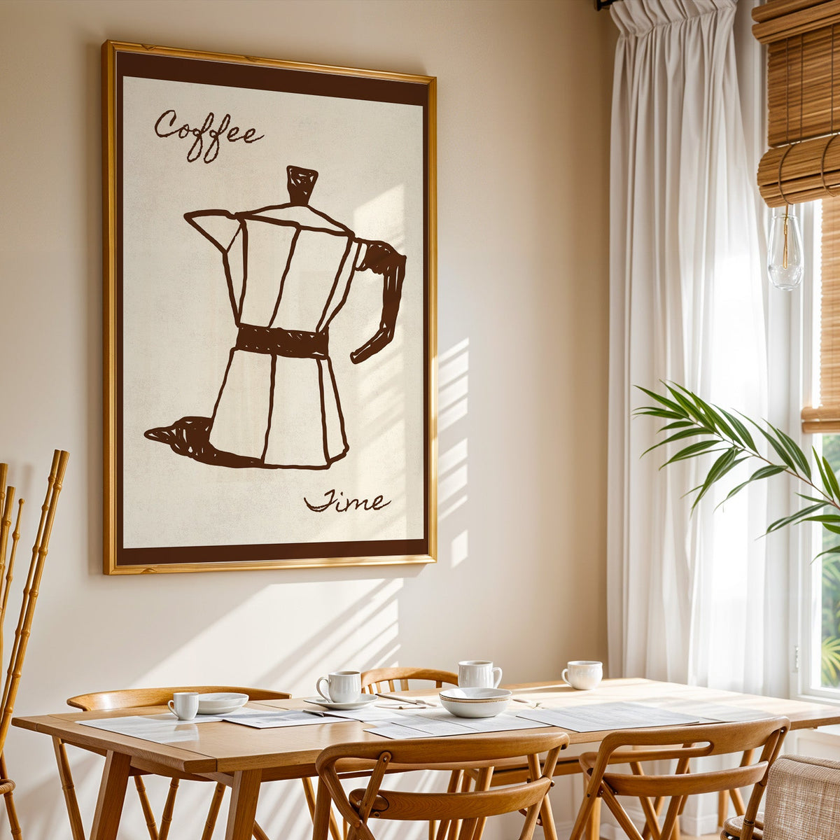 Coffee Time moka pot print shown in a gold frame above a breakfast table by a curtained window