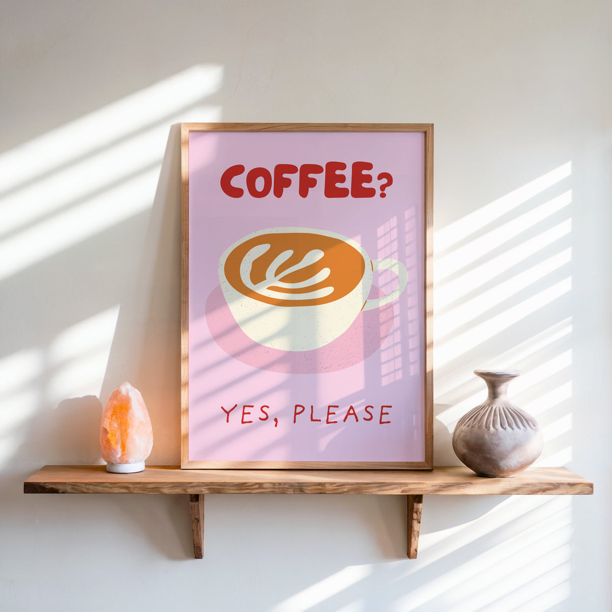 Coffee Yes Please print in an oak frame on a live-edge shelf beside a salt lamp