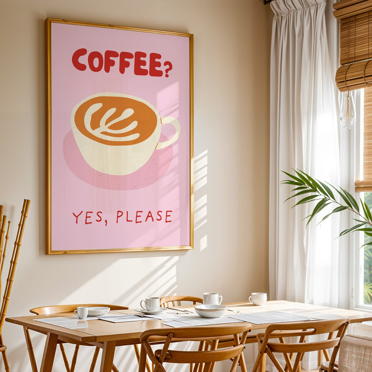 Coffee Yes Please print shown in a gold frame above a breakfast table by a curtained window