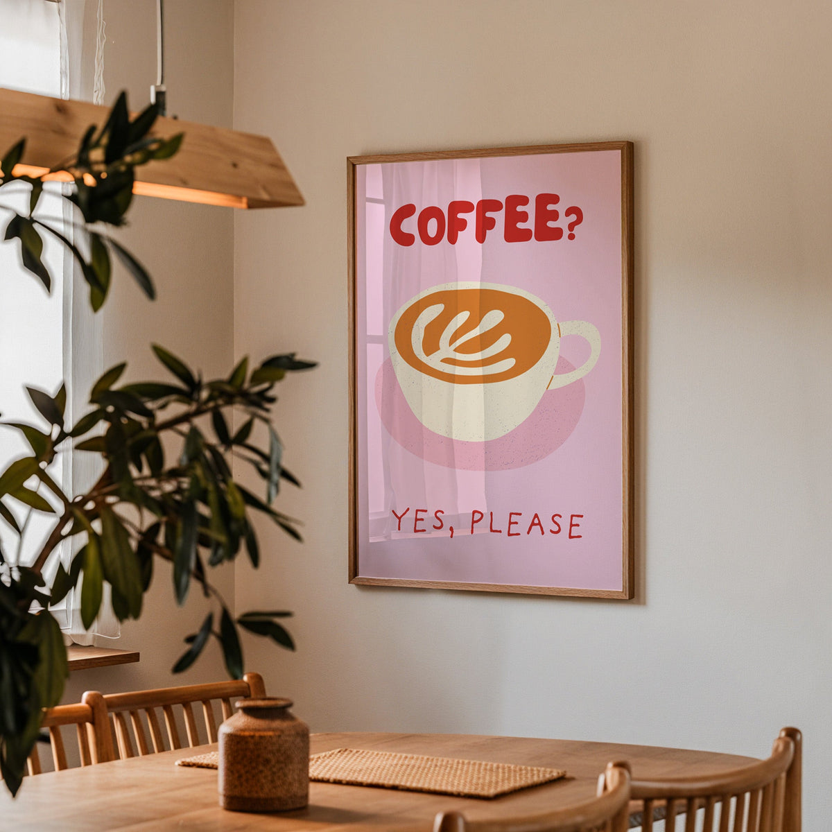 Coffee Yes Please print in a walnut frame above a dining table with olive branches