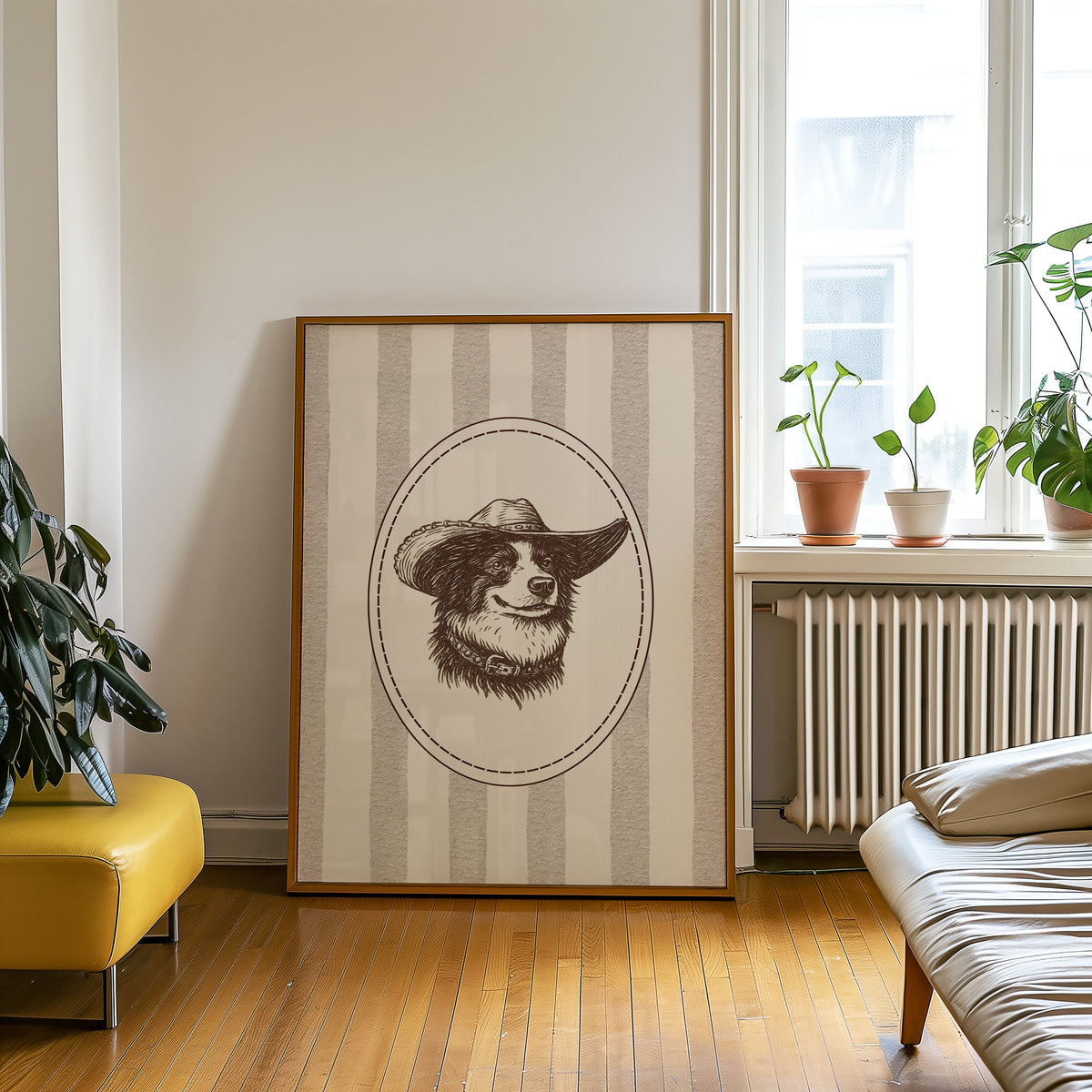 Collie cowboy hat cameo print in an oak frame on a parquet floor beside a yellow bench
