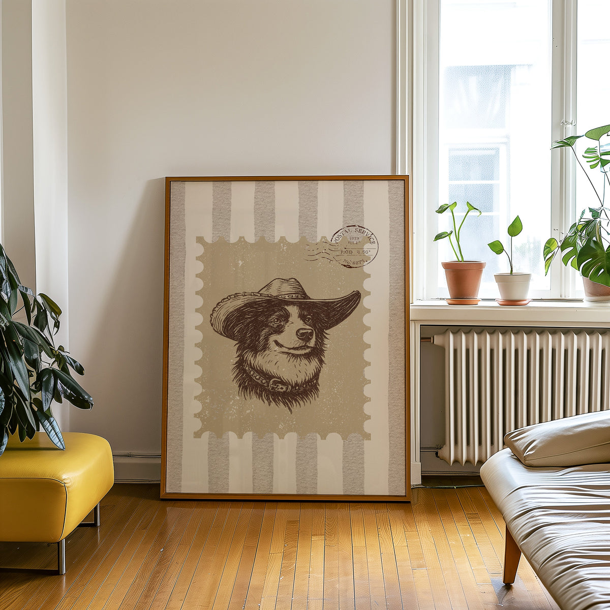 Collie cowboy hat stamp print in an oak frame on a parquet floor beside a yellow bench