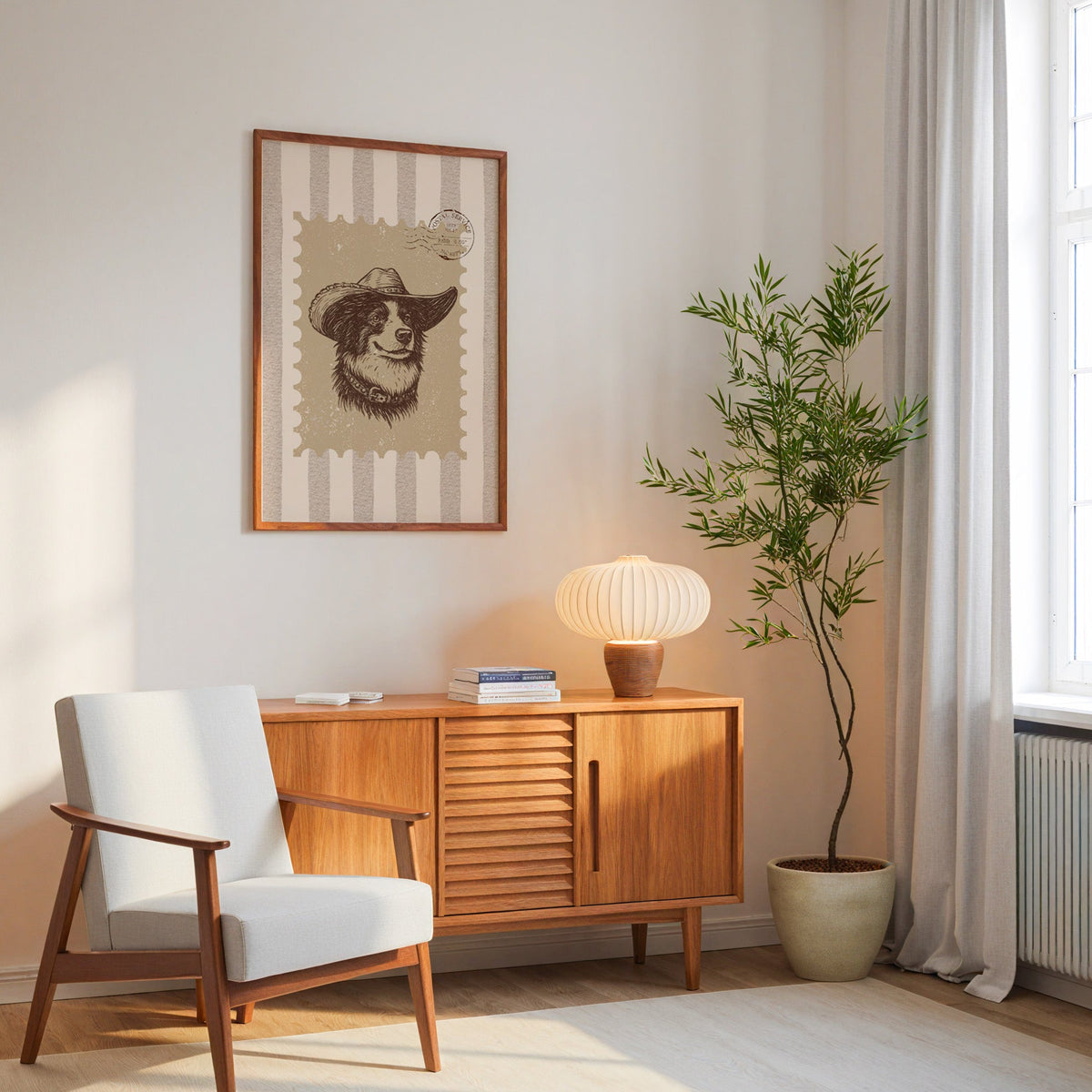 Collie cowboy hat stamp print in an oak frame above a mid-century sideboard