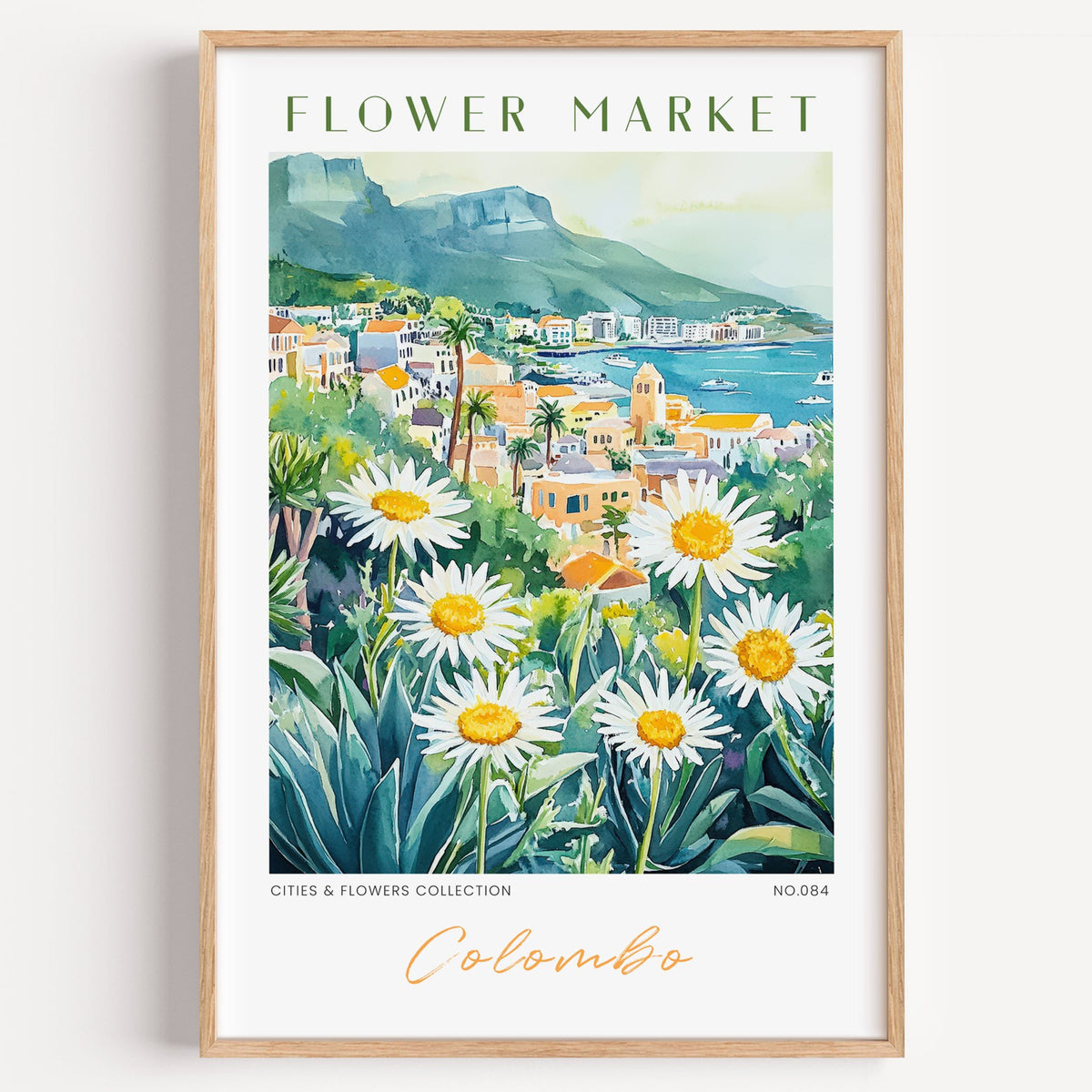 Colombo flower market print in a light oak frame on a plain white wall