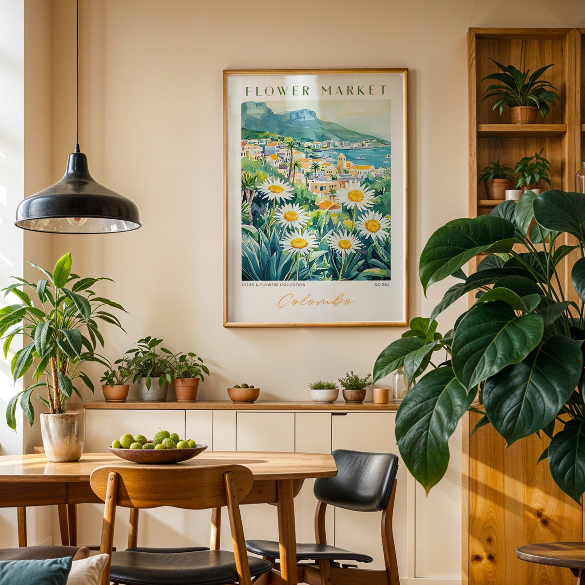 Colombo flower market print in an oak frame above a dining sideboard lined with potted plants