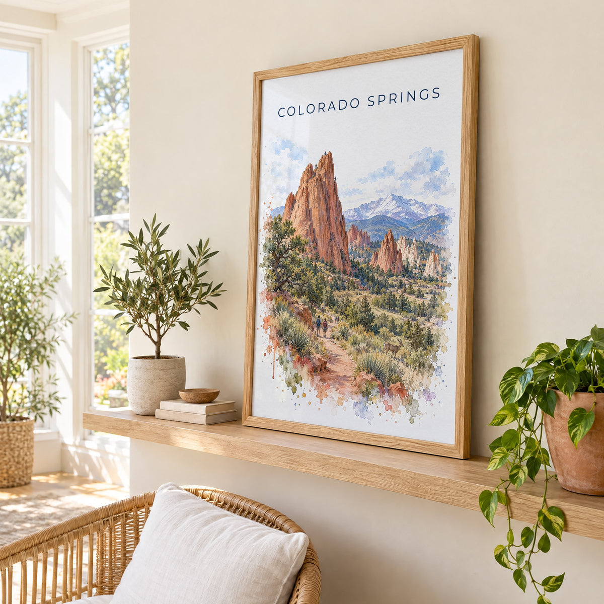 Colorado Springs watercolor print in an oak frame on a picture ledge in a sunlit sunroom