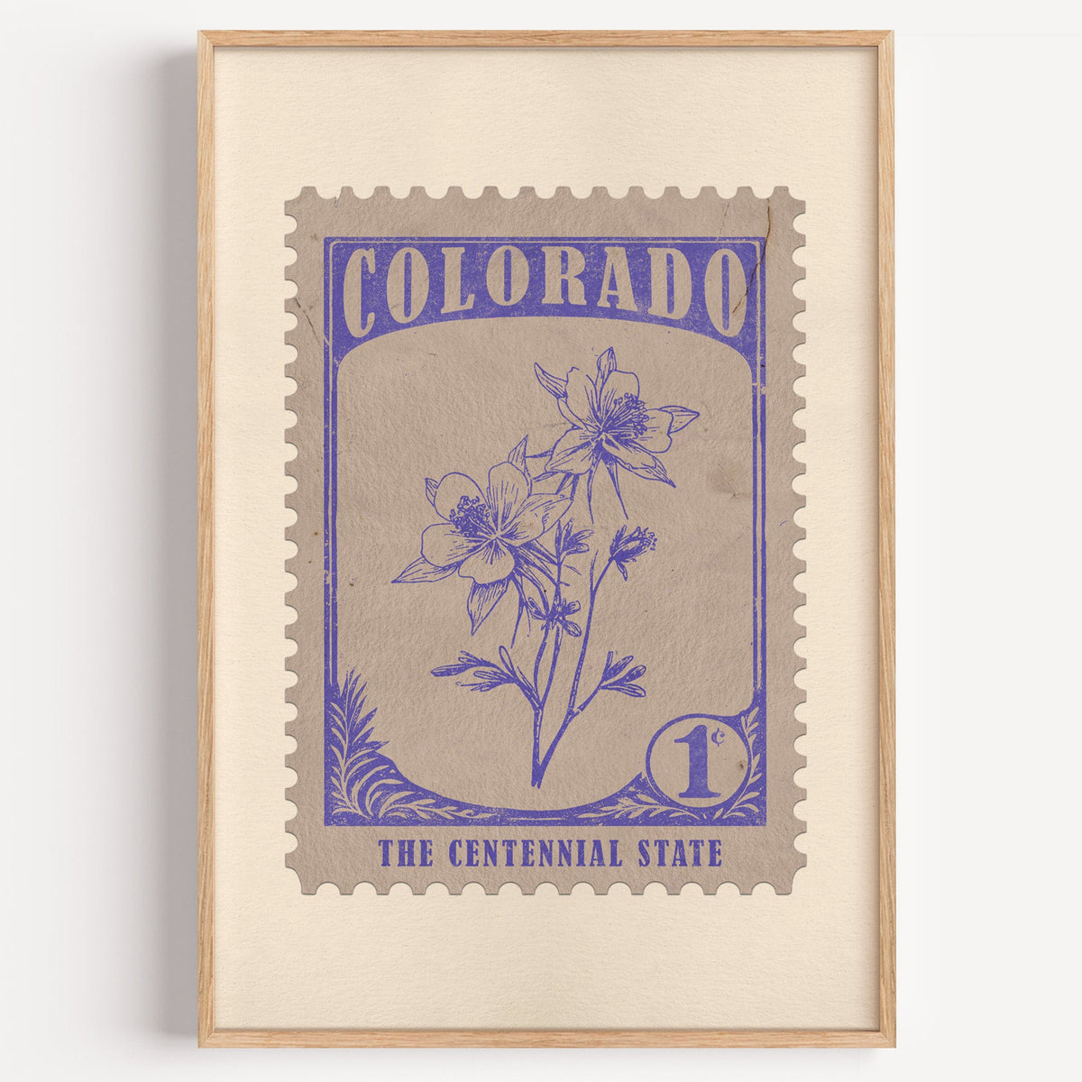Colorado state flower stamp print in periwinkle on warm grey, light oak frame on a plain white wall