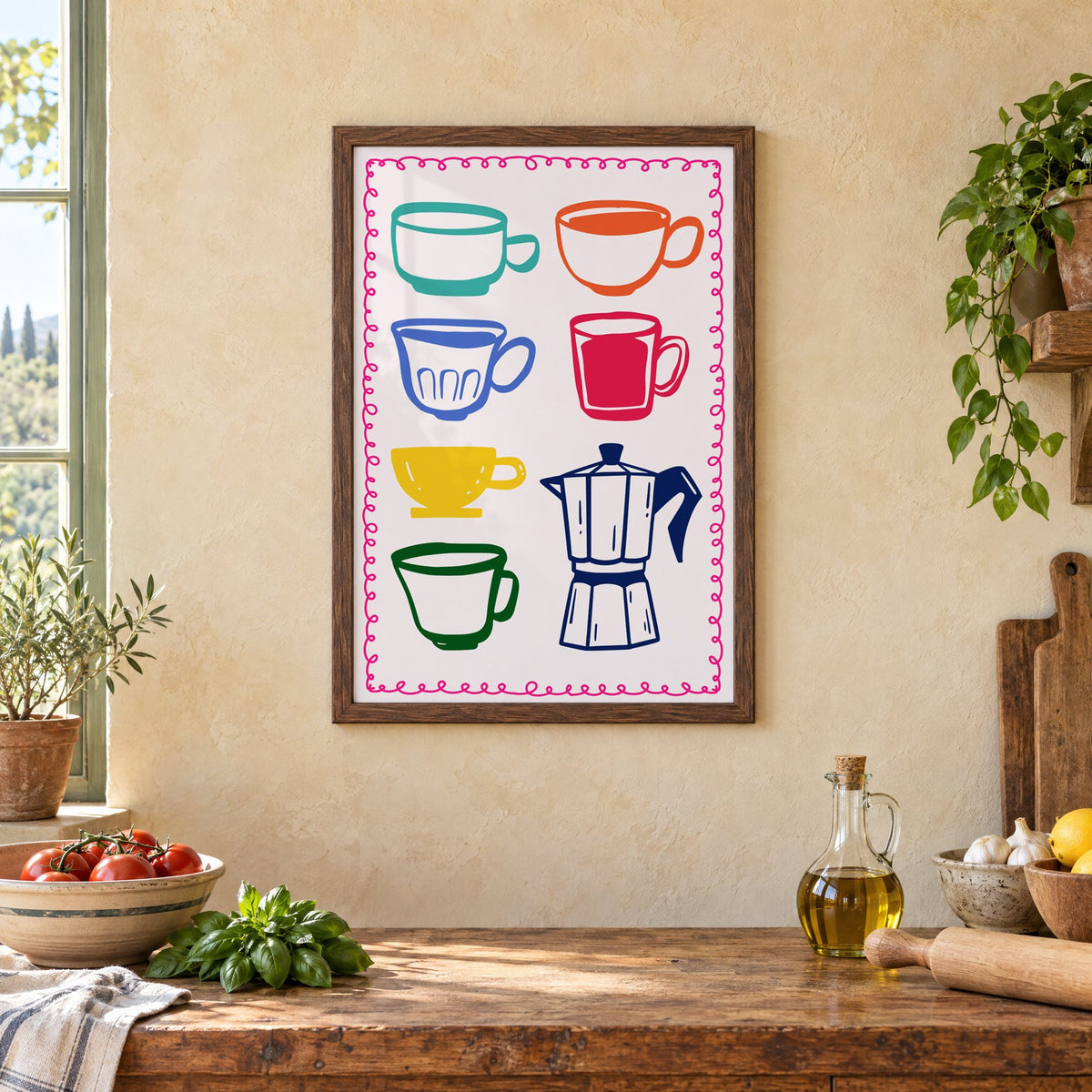 Colorful coffee cups and moka pot print in a walnut frame above a rustic Italian kitchen table with tomatoes