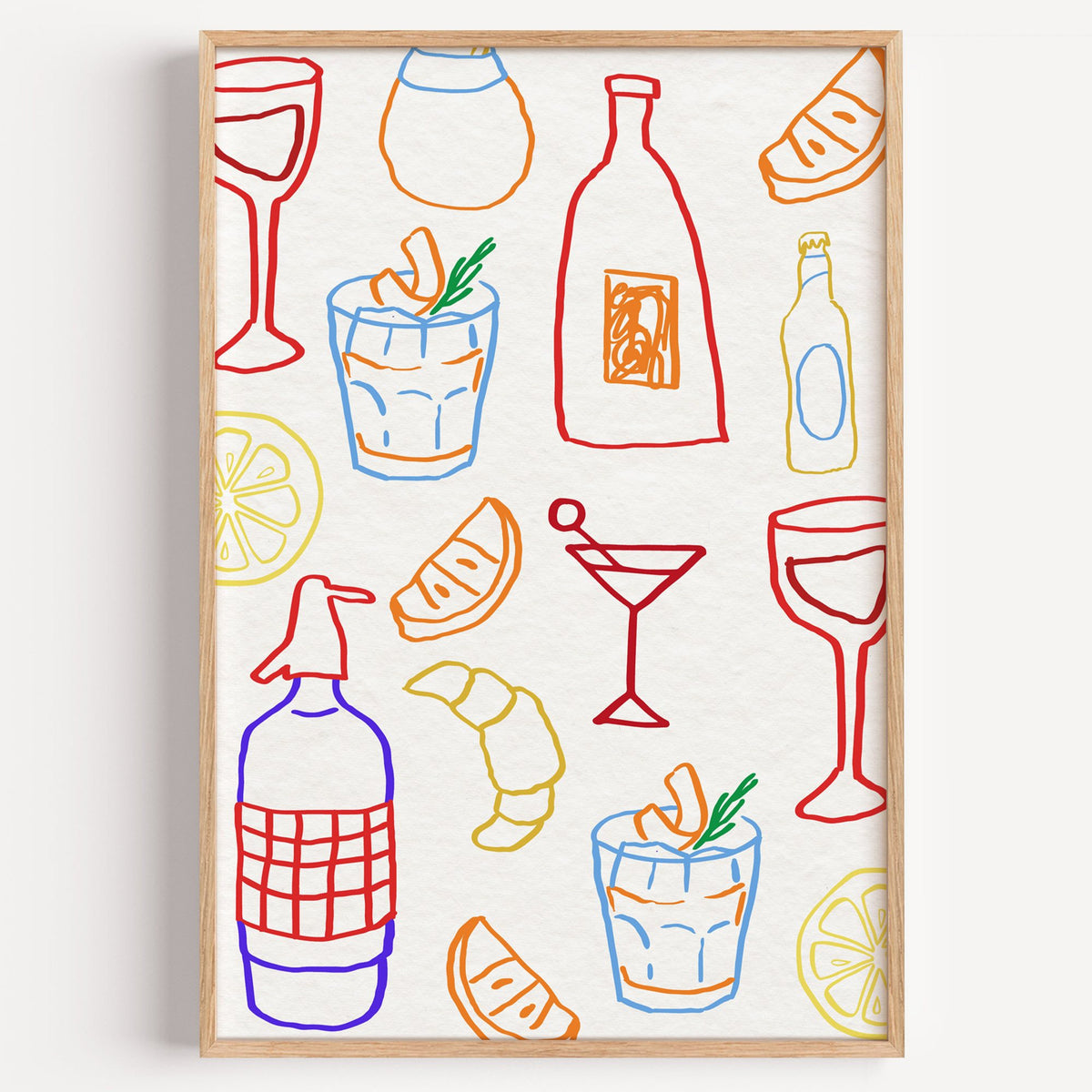 Colorful bar drinks doodle pattern print in a light oak frame on a plain white wall