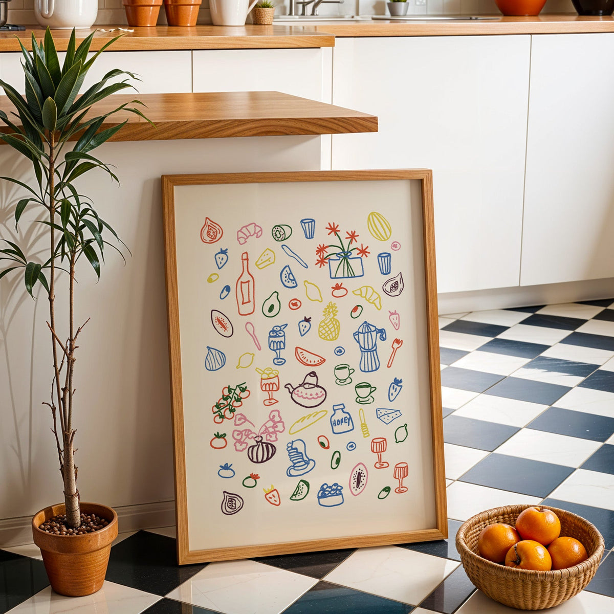 Colorful food doodle print in an oak frame by a kitchen island and checkered floor
