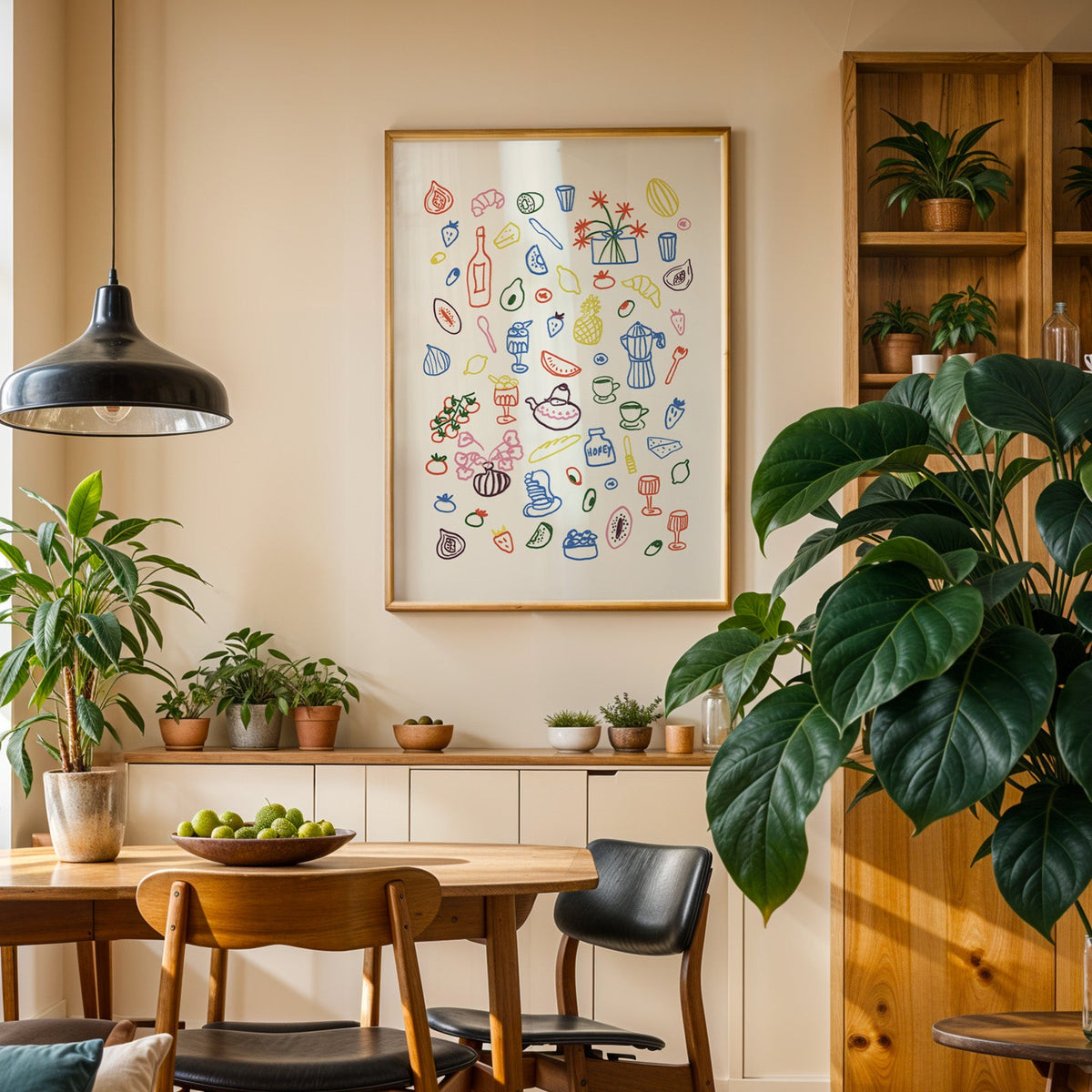Colorful food doodle print in an oak frame above a sideboard in a plant-filled dining room