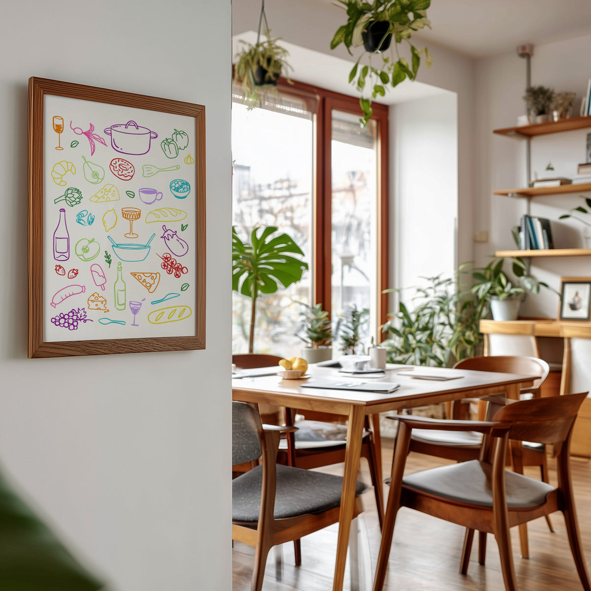 Food doodle print in a walnut frame beside a mid-century dining table