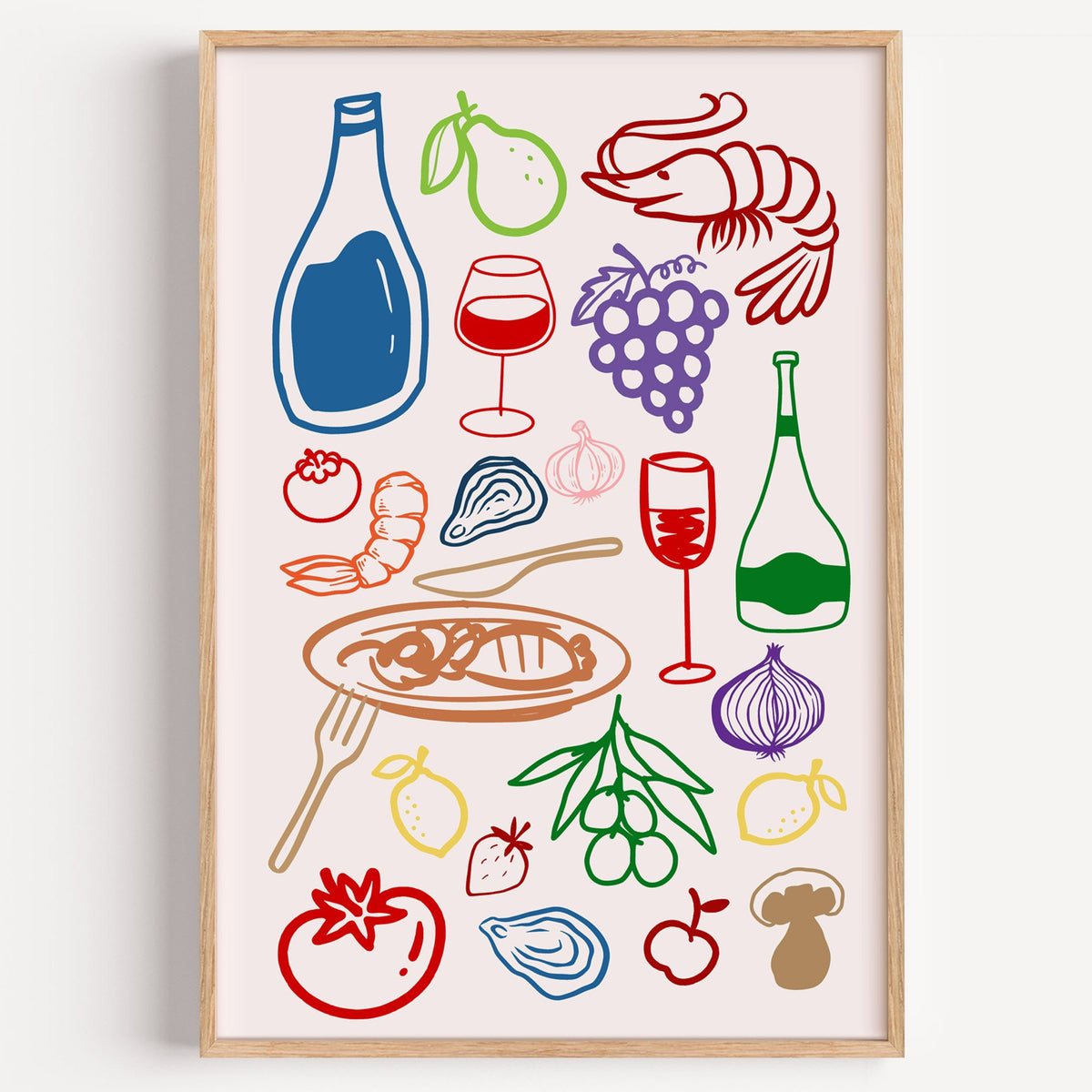 Colorful line art wine seafood feast print in a light oak frame on a plain white wall