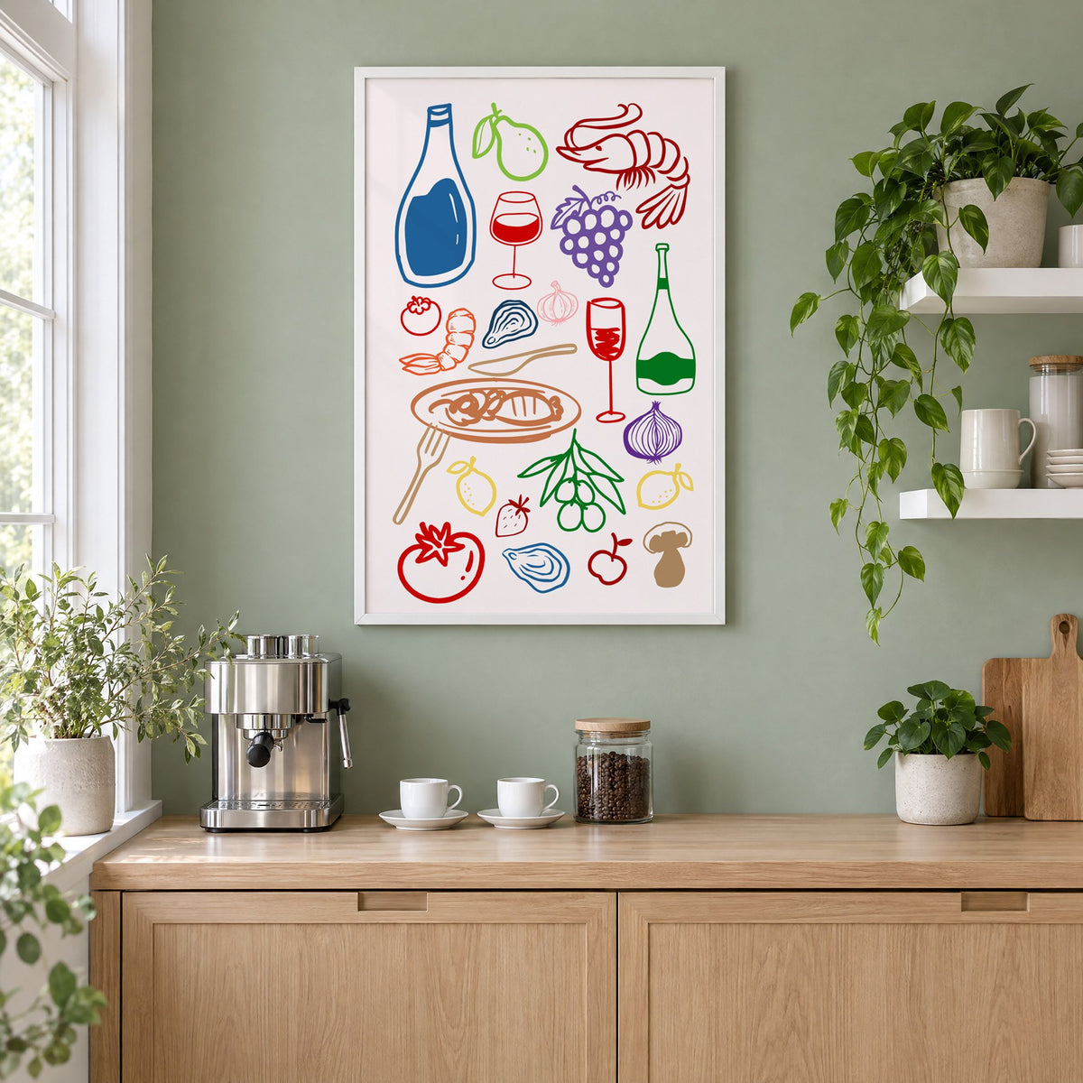 Colorful line art wine seafood feast print in a white frame on a sage green coffee nook wall above an espresso machine