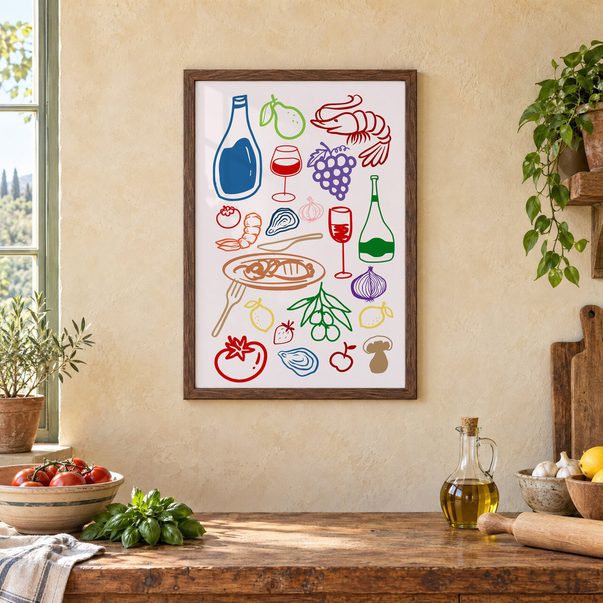 Colorful line art wine seafood feast print in a walnut frame above a rustic Italian kitchen table with tomatoes