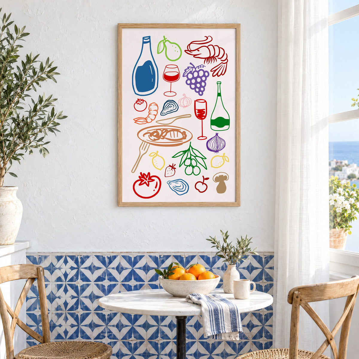 Colorful line art wine seafood feast print in an oak frame above a bistro table and blue patterned tiles