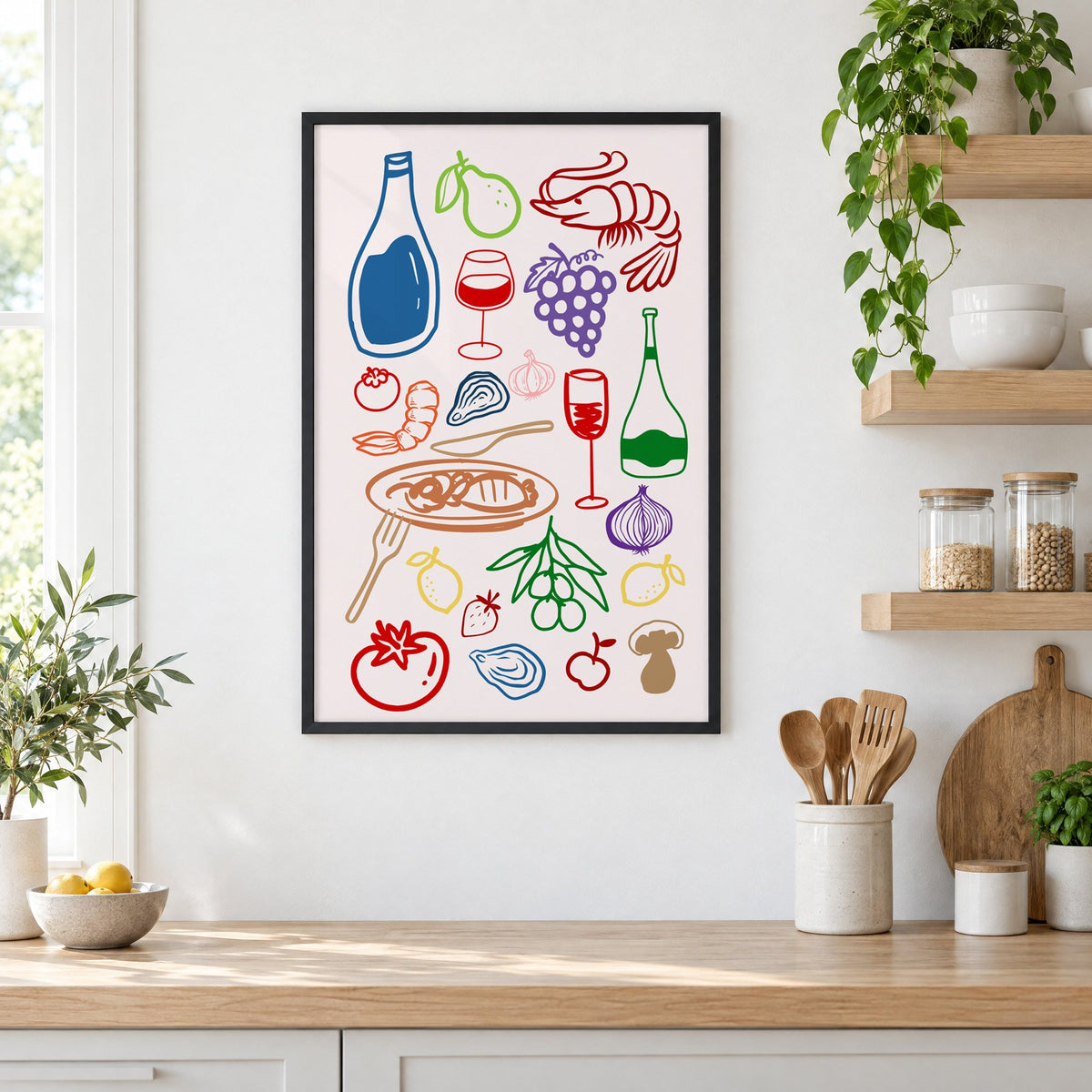Colorful line art wine seafood feast print in a black frame in a white kitchen beside open wood shelves and glass jars