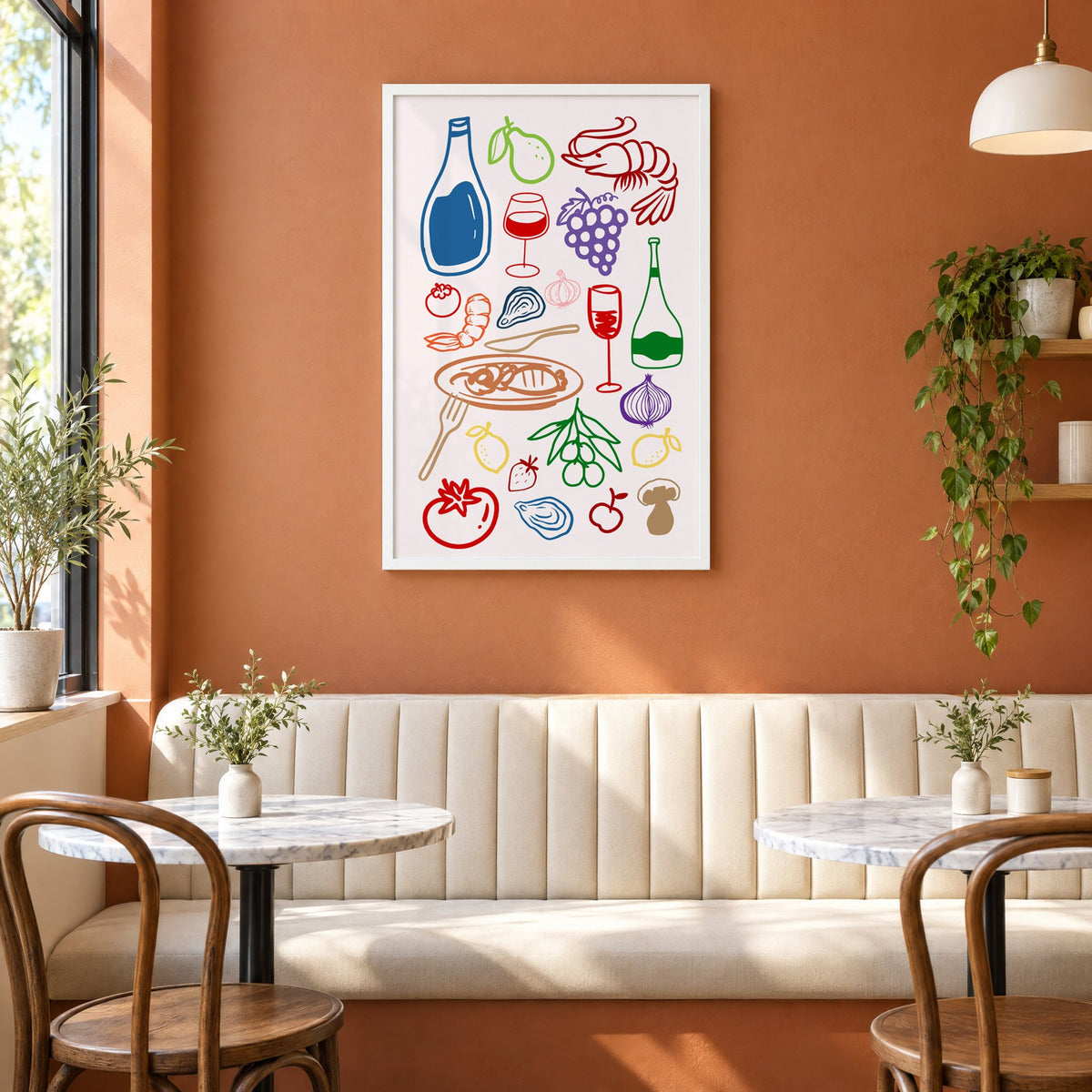 Colorful line art wine seafood feast print in a white frame above a cream banquette on a terracotta cafe wall