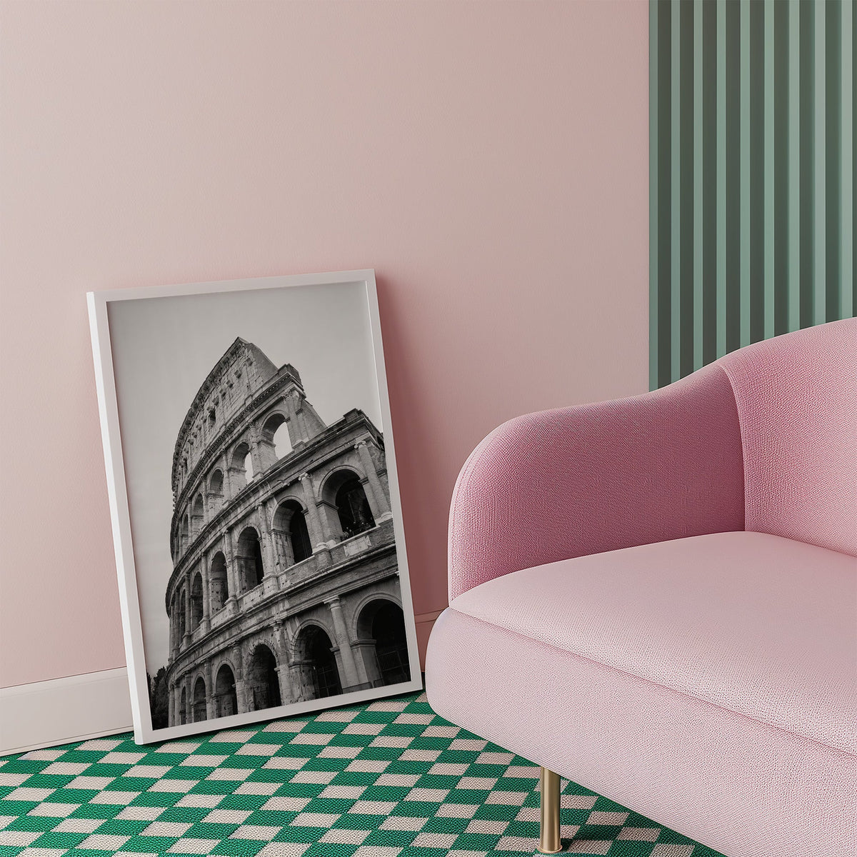 Colosseum Rome arches from below print in a white frame beside a pink armchair on a checkered floor