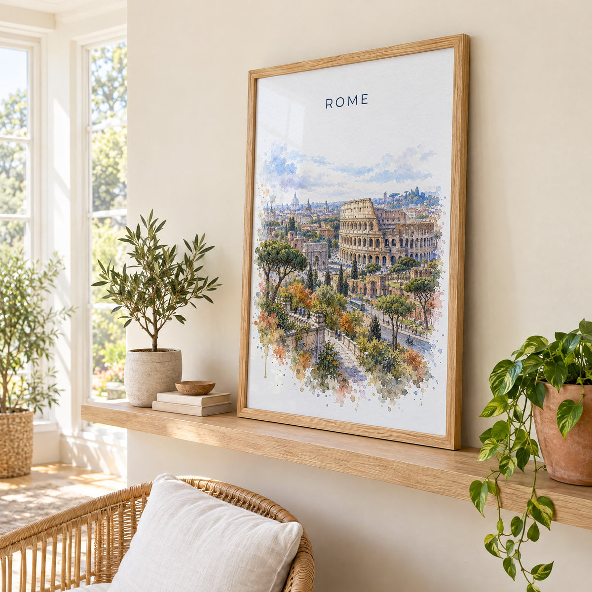 Colosseum watercolor print in an oak frame on a picture ledge in a sunlit sunroom