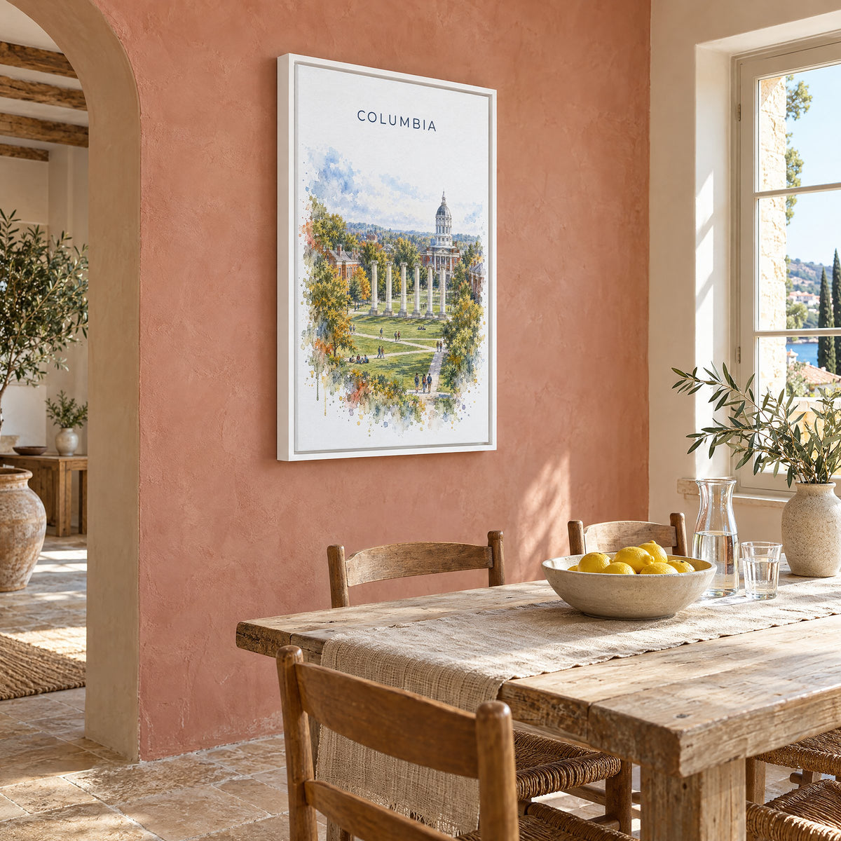 Columbia, Missouri watercolor print as a white floater canvas on a terracotta wall above a rustic dining table