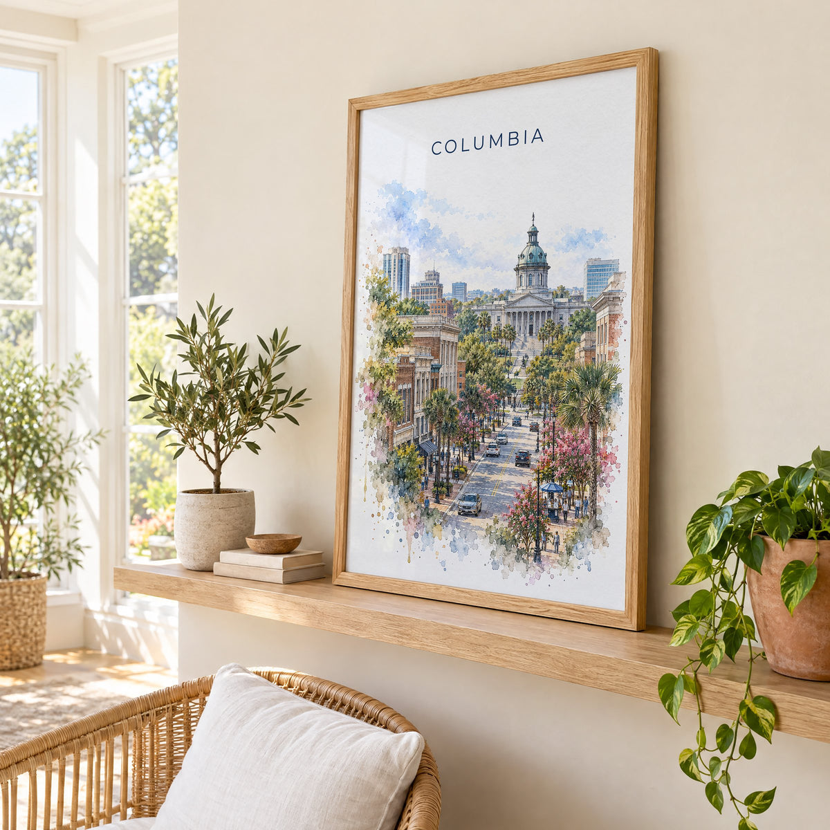 Columbia, South Carolina watercolor print in an oak frame on a picture ledge in a sunlit sunroom