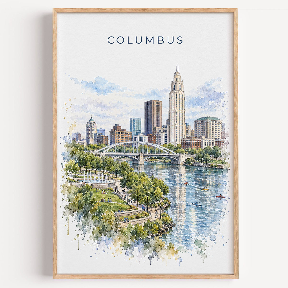 Columbus, Ohio watercolor print in a light oak frame on a plain white wall