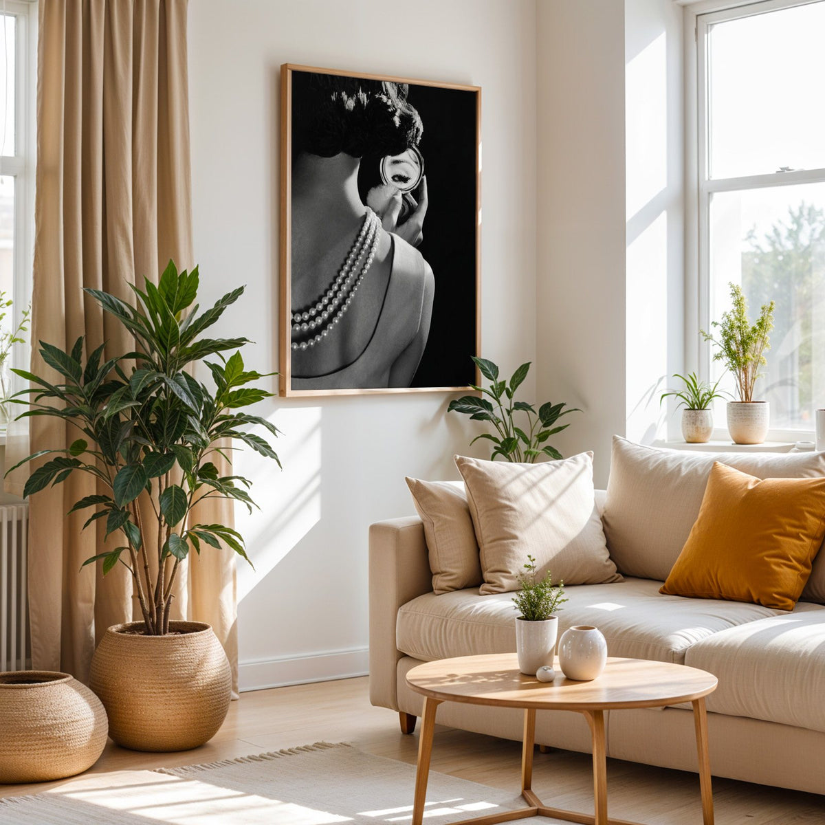 Woman from behind, eye in compact mirror, pearls print in an oak frame above a cream sofa beside woven planters