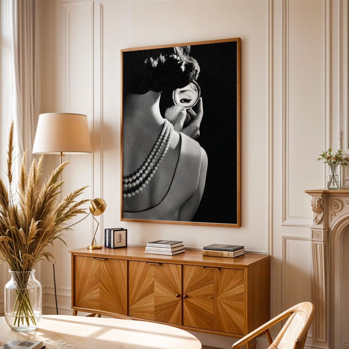 Woman from behind, eye in compact mirror, pearls print in an oak frame above a sunburst wood sideboard with pampas grass