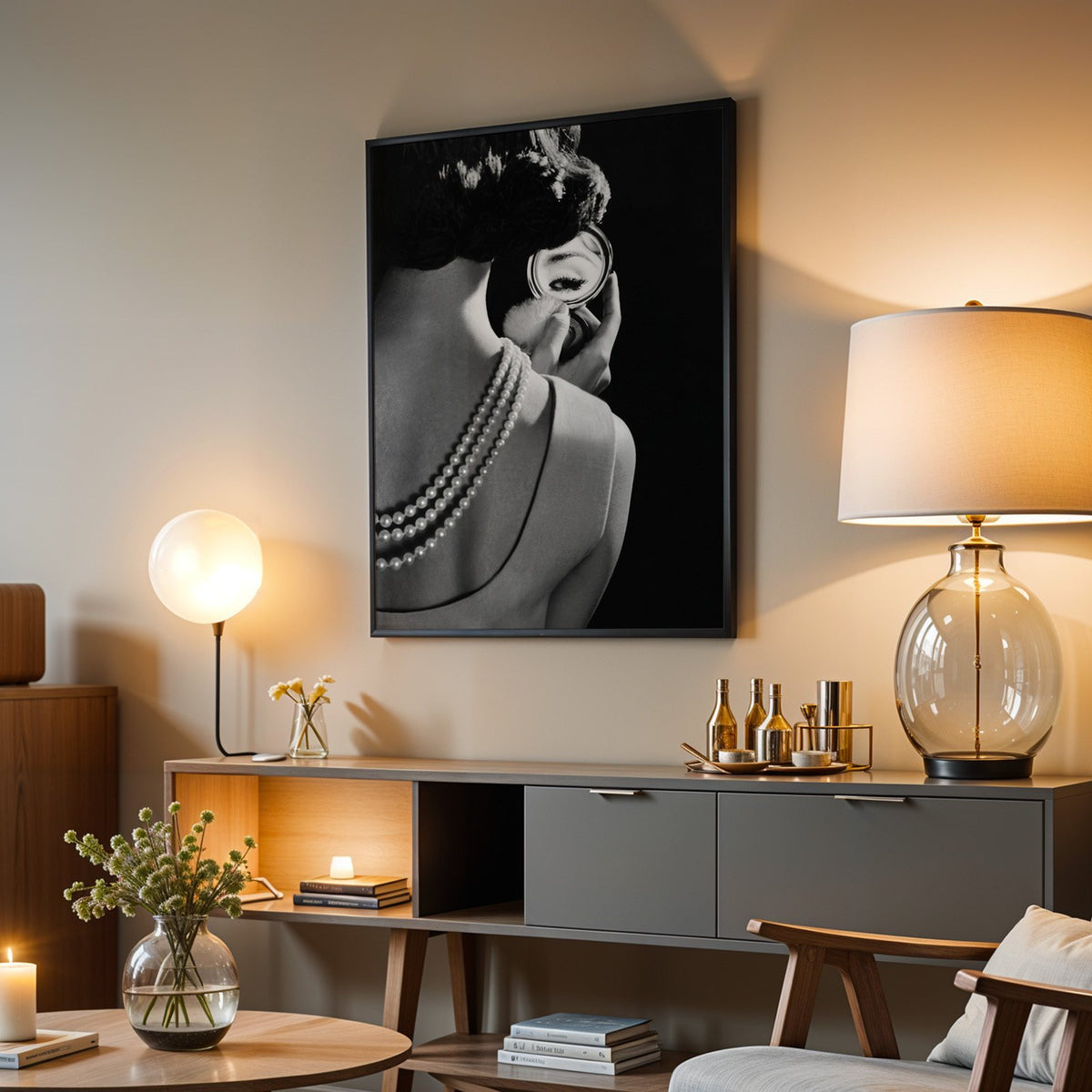 Woman from behind, eye in compact mirror, pearls print in a black frame above a grey media console with a glass table lamp