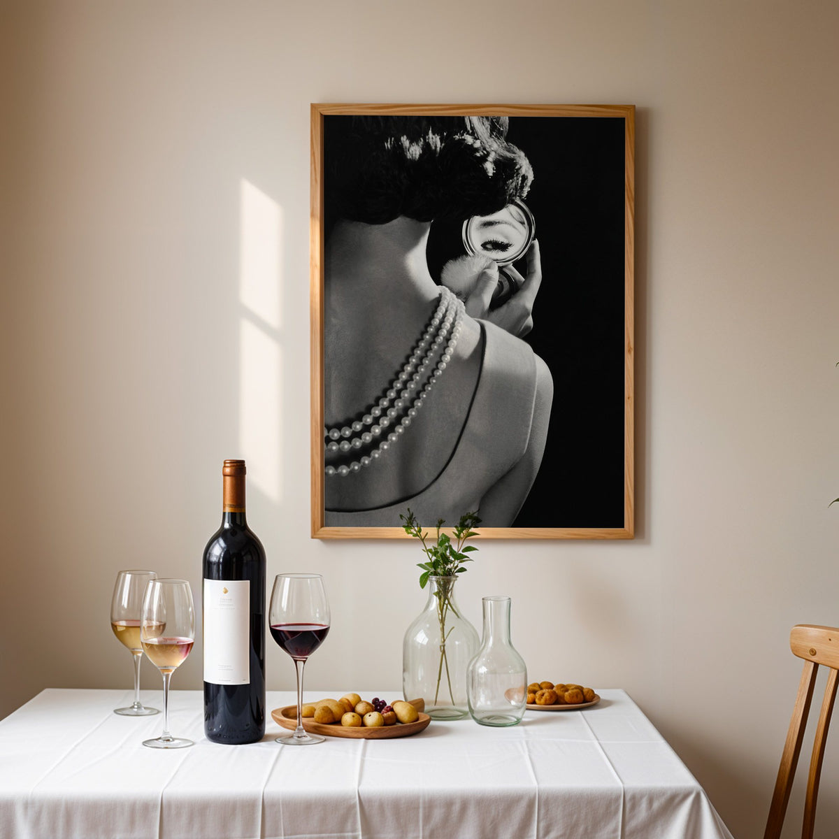 Woman from behind, eye in compact mirror, pearls print in an oak frame above a table set with red wine and glasses