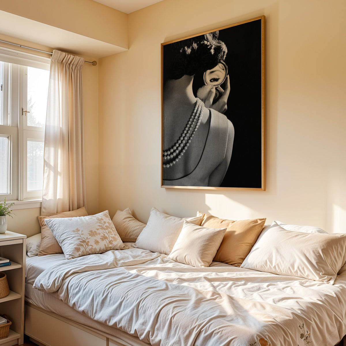 Woman from behind, eye in compact mirror, pearls print in an oak frame above a cream daybed in a sunny bedroom