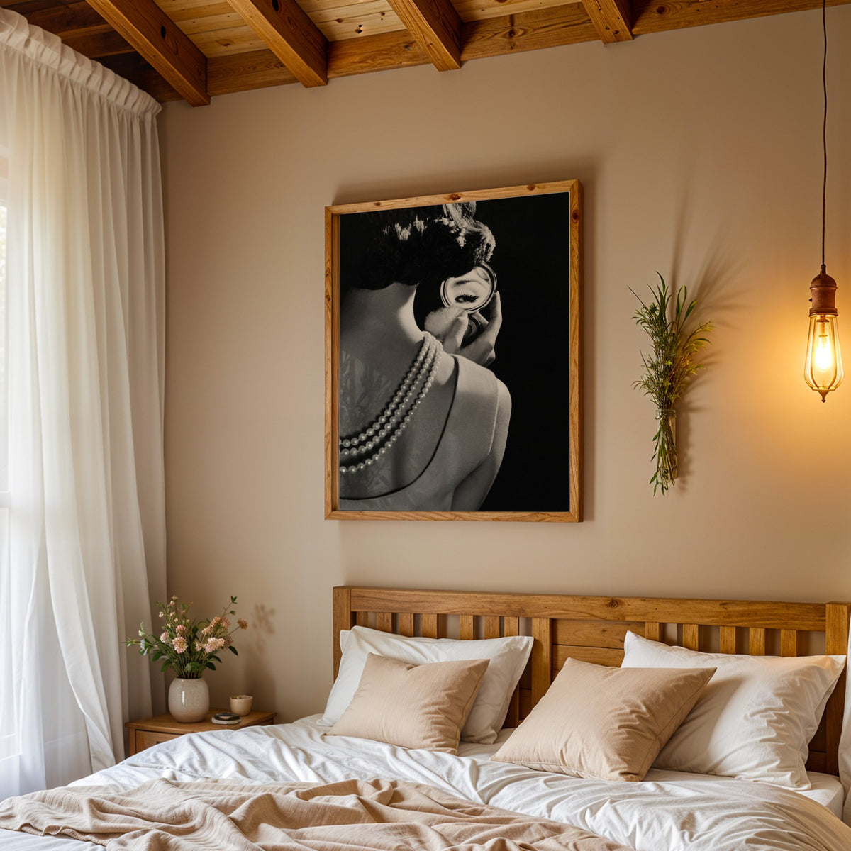 Woman from behind, eye in compact mirror, pearls print in a pine frame above a wood headboard bed under a pendant bulb